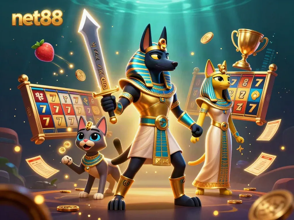 Experience thrilling gameplay at net88 in an ultra-detailed illustration featuring Anubis and Bastet amidst jackpots.