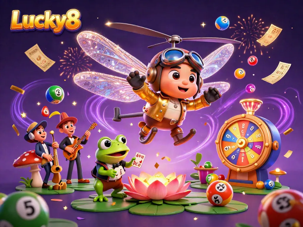 Experience the excitement of Lucky8 as a dragonfly pilot hovers over a vibrant casino scene