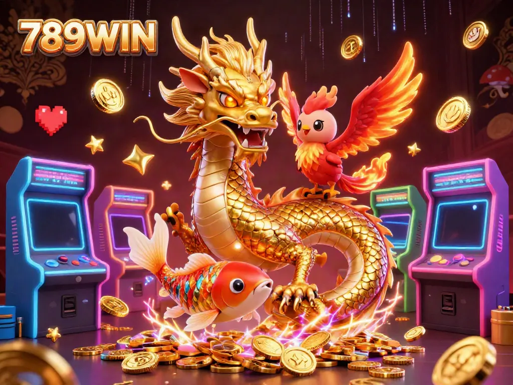 Experience thrilling gaming at 789WIN with dragons, phoenix, and golden koi fish flashing through a vibrant casino scene.