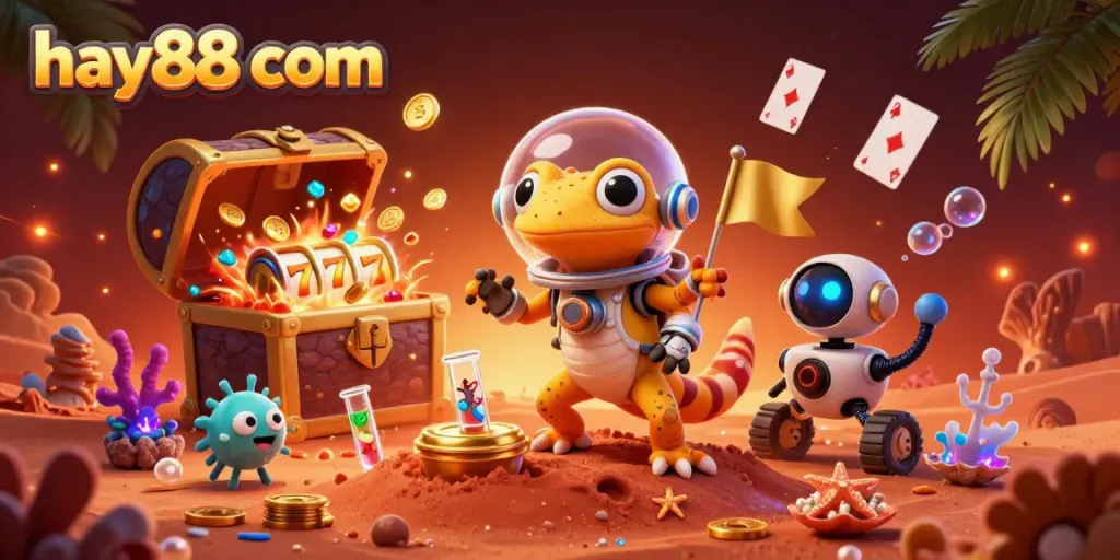 Experience exciting gaming on hay88 com with a Martian gecko discovering a golden casino adventure
