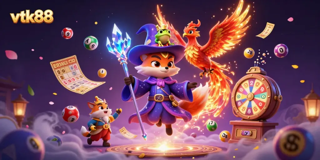 Engage in thrilling gameplay at vtk88 with a magical 3D wizard fox and vibrant casino elements.