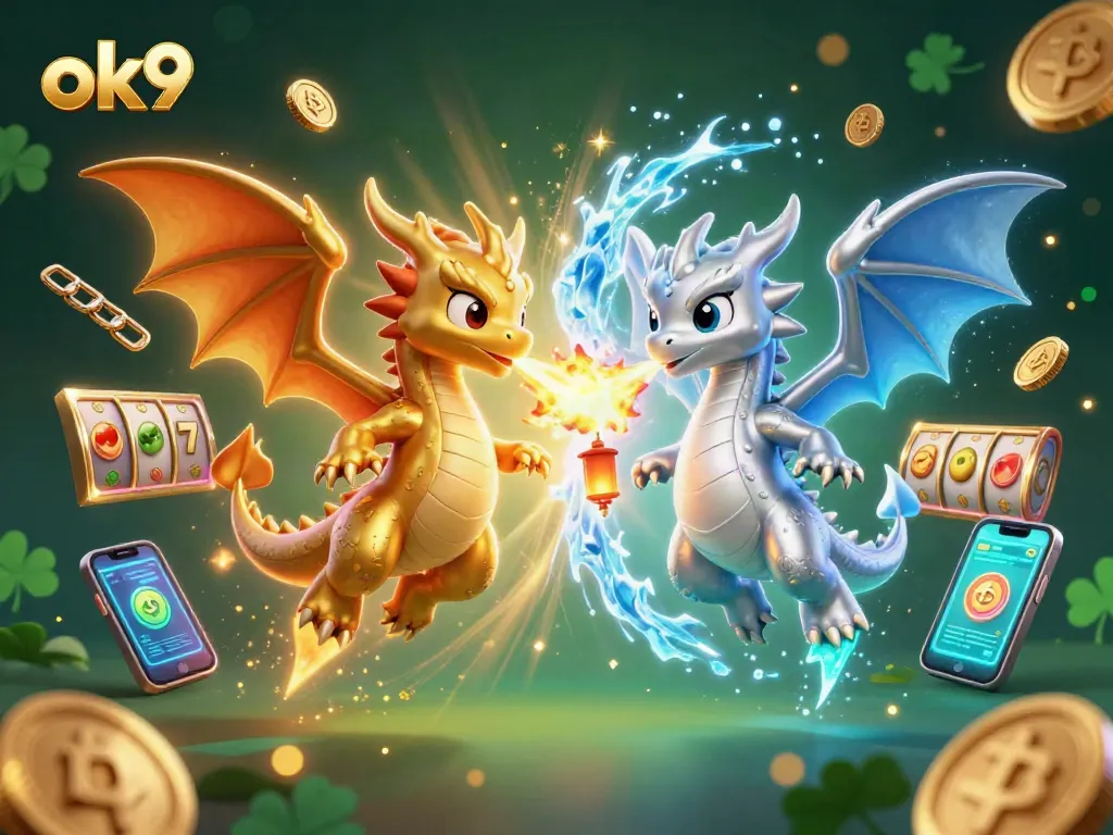 Engage with ok9 gaming strategies while witnessing a fiery ice-themed dragon battle amidst vibrant casino elements.