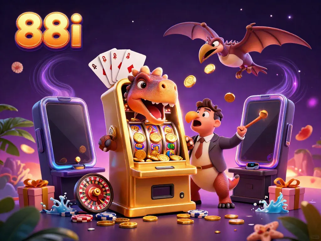 88i jackpots explode as a cartoon pachycephalosaurus strikes a slot machine, with gold coins flying around.