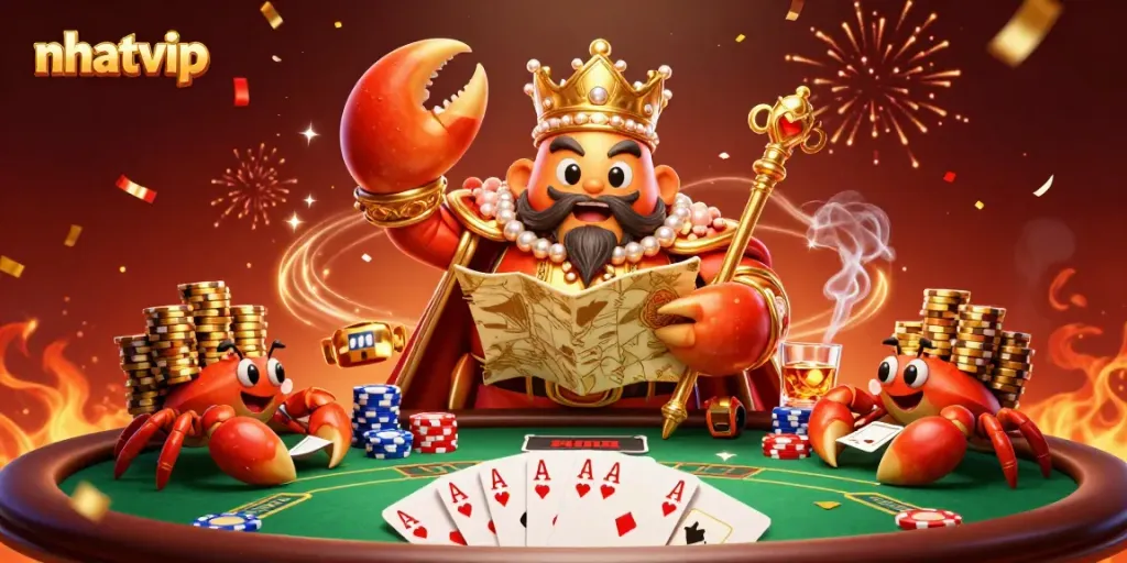 Nhatvip showcases a vibrant, dynamic scene with a golden crab emperor among poker elements, illustrating the thrill of gambling.