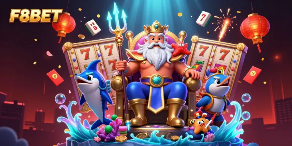 Experience thrilling spins at F8BET with an underwater casino scene featuring Neptune and treasure elements.