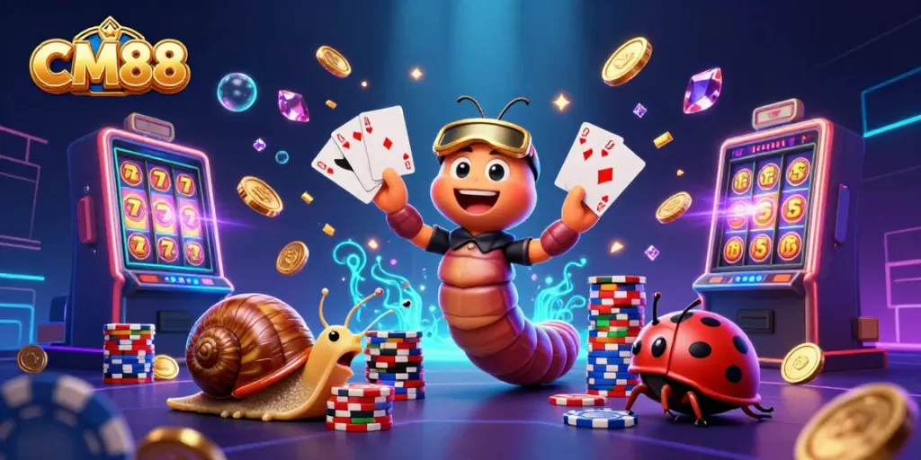 Experience CM88's thrilling casino atmosphere with a digital illustration featuring a millipede dealer and exciting game elements.