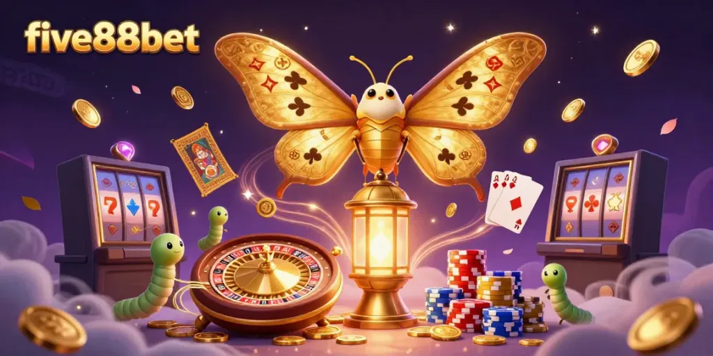 Experience the excitement and vibrancy of five88bet with a vibrant 3D casino illustration filled with rich casino elements.