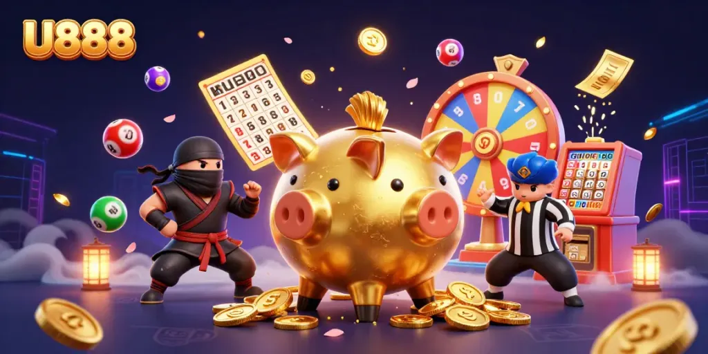 Win jackpots at U888 with a cartoon piggy bank sumo wrestler and colorful lottery balls.