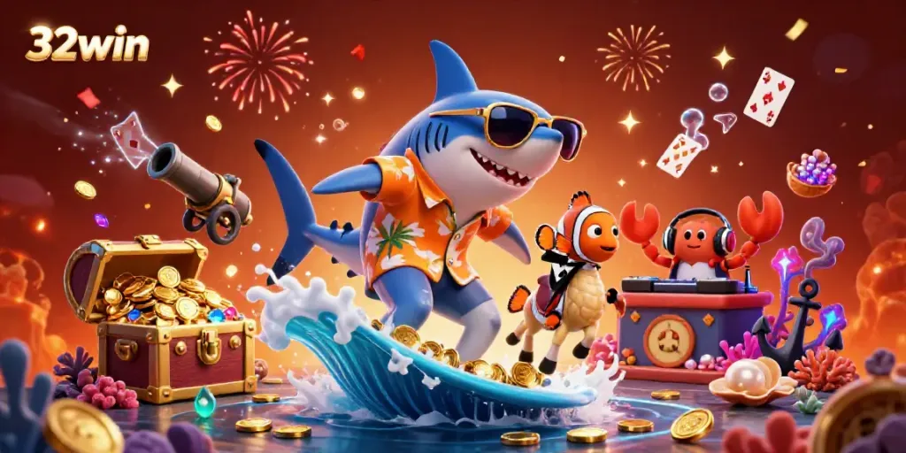 Experience thrills with 32win in a vibrant casino underwater scene featuring sharks and treasures.