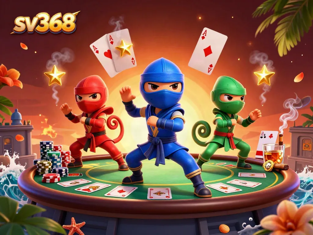 Experience the thrilling world of SV368 with dynamic action posed by 3D ninja chameleons around a lively poker scene.