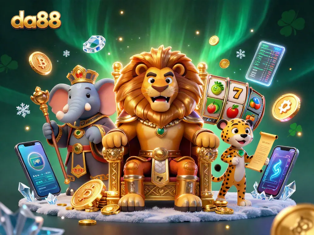Try your luck with da88 in a vibrant slot game scene featuring a royal lion king, an elephant advisor, and a cheetah.