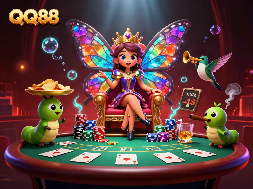 Experience high-stakes poker action with QQ88's vibrant 3D illustration, showcasing the excitement of gaming.