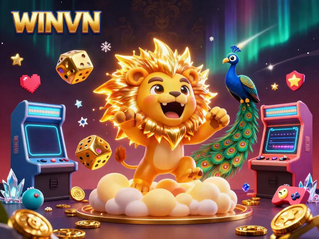 Engage in thrilling gameplay at WINVN with a vibrant 3D casino scene featuring a roaring sun lion and giant golden dice.