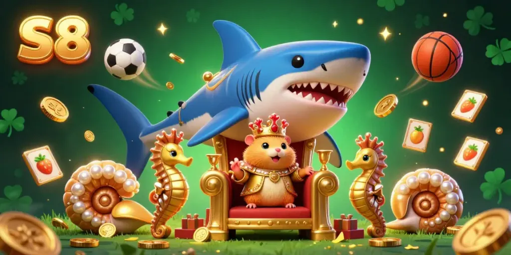 Engage with S8 gaming features through vibrant 3D illustration of a hamster king and casino elements.