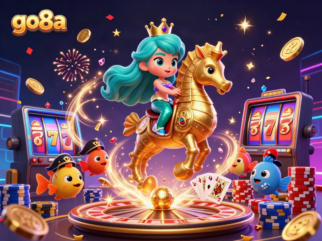 Winning at go8a with 3D animated mermaid and seahorse amidst casino elements.