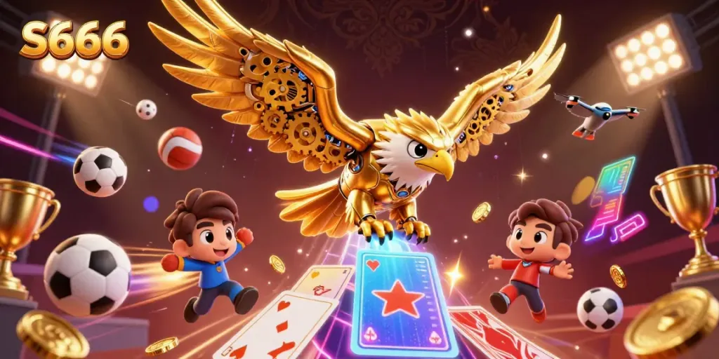 S666 promotes fun with a dynamic 3D golden eagle, holographic cards, and vibrant sports elements.