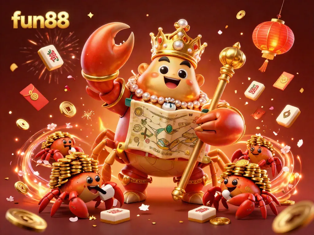Experience the excitement of fun88 with a vibrant illustrated casino scene featuring a majestic crab emperor and golden treasures.