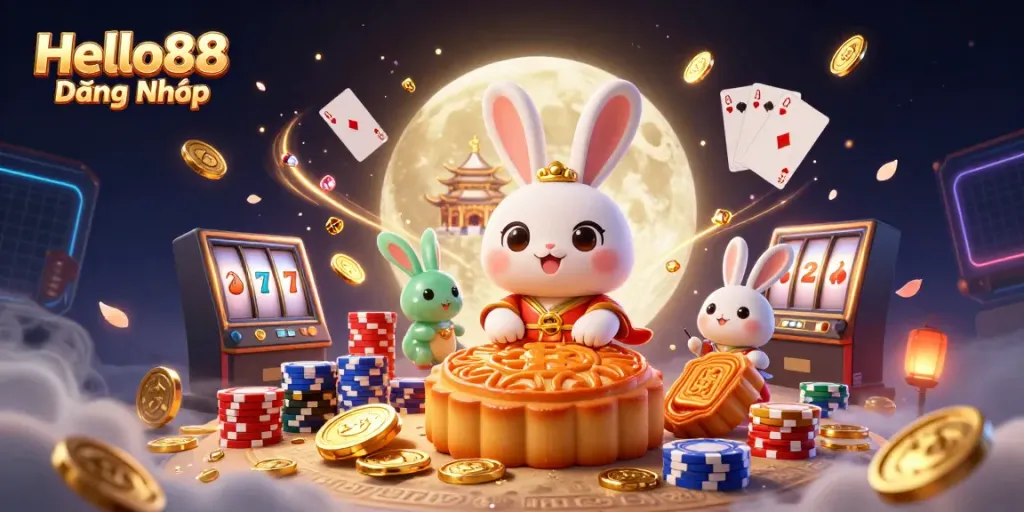 Experience Hello88 Đăng Nhập with an enchanting lunar scene featuring a moon rabbit and poker chips, illustrated in 3D.
