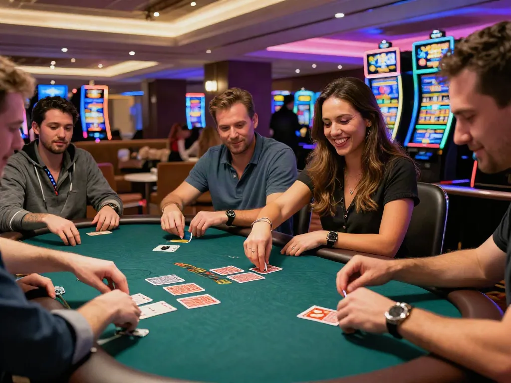 Players engaged in games at vibrant mastercard casinos, showcasing excitement and camaraderie.
