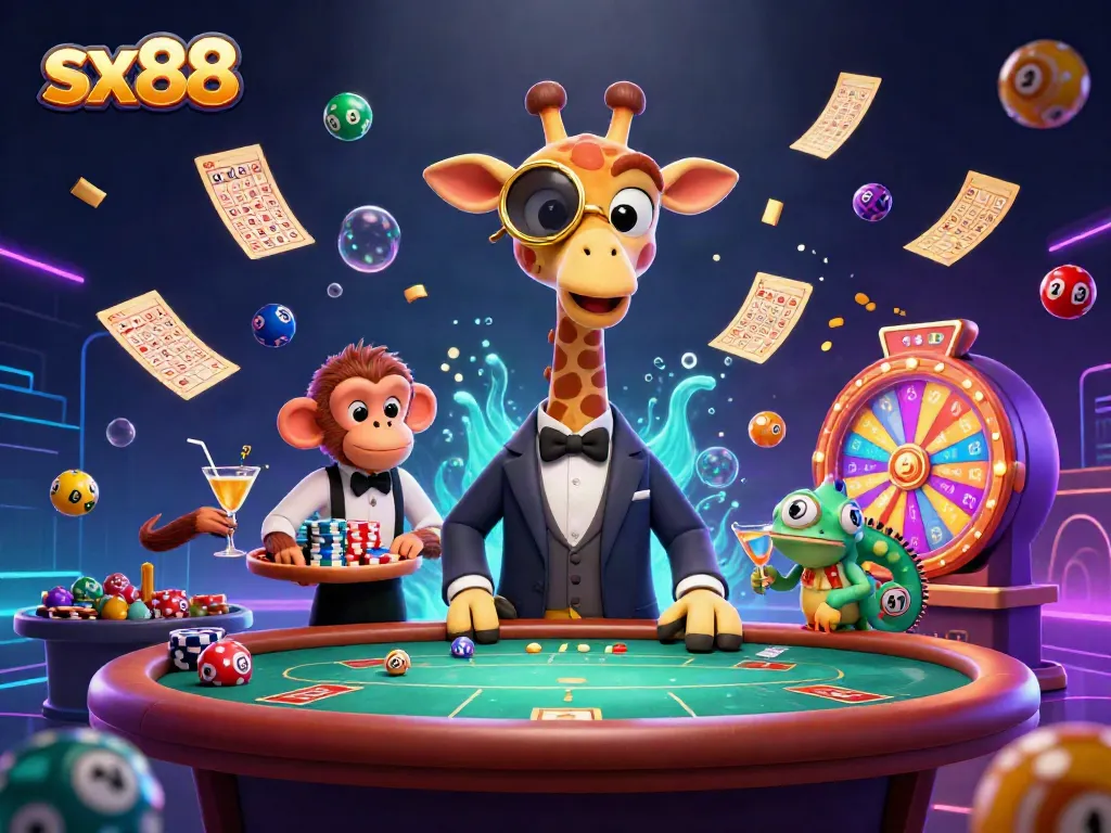 Engage in thrilling games at sx88 with this vivid casino scene featuring a high-roller giraffe and unique characters.
