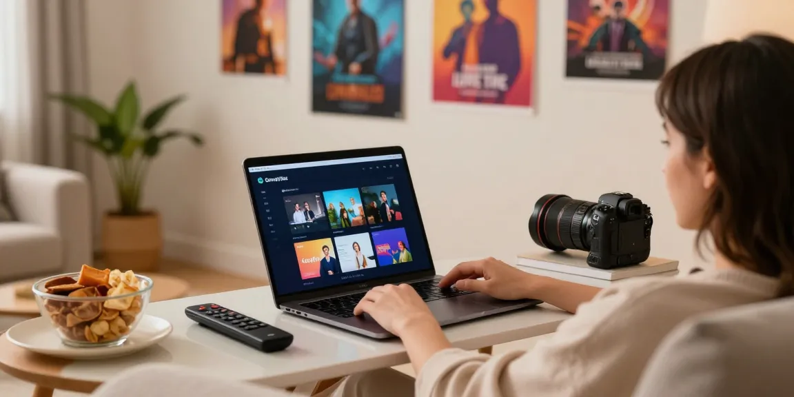 CocoFlix app official interface displayed on laptop in cozy living room setting.