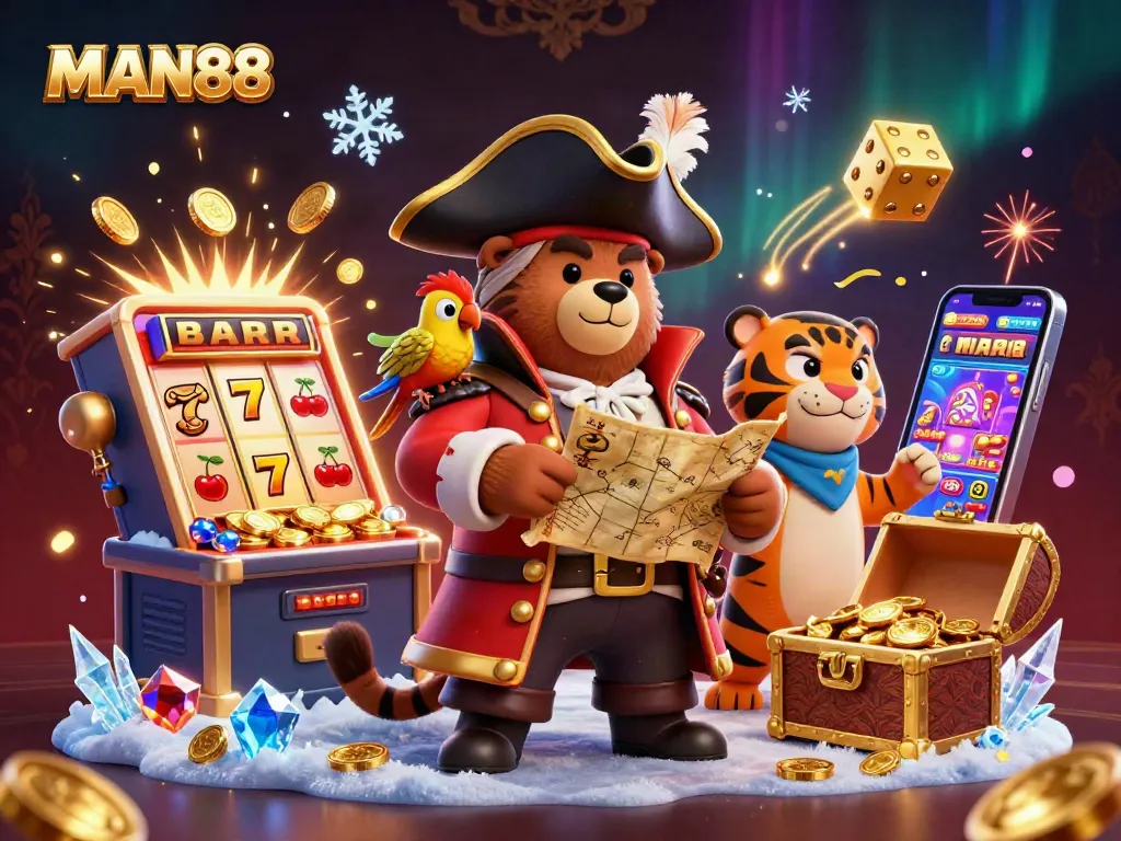 Win big at MAN88 with 3D illustrations of a pirate captain, tiger, and golden treasures.