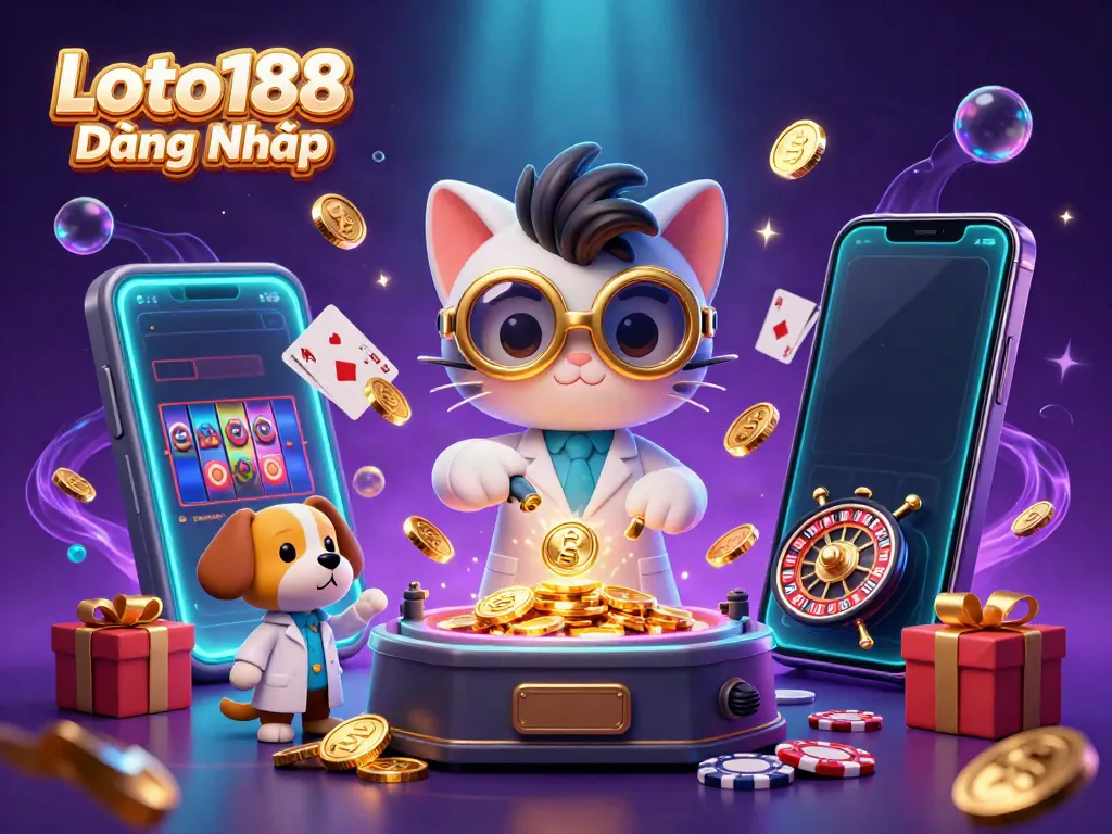 Loto188 Đăng Nhập scene with a mad scientist cat and dog in a lab, creating fun, dynamic casino games.