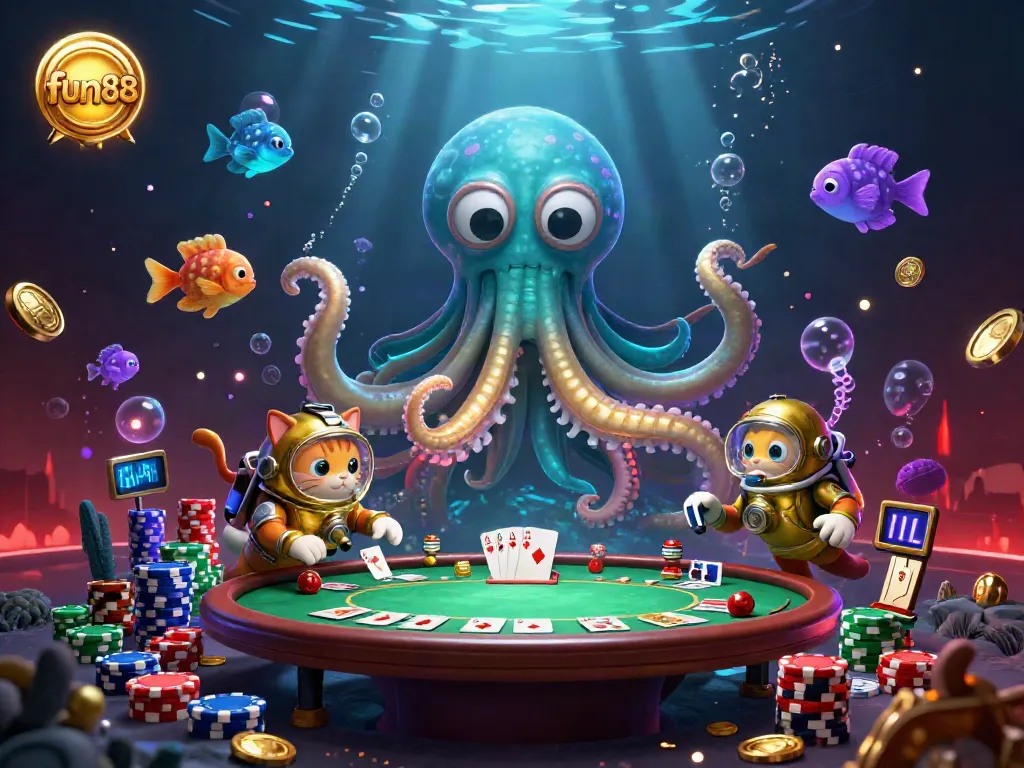 Experience the thrill of fun88 with a vibrant 3D casino scene featuring a kraken and poker elements.
